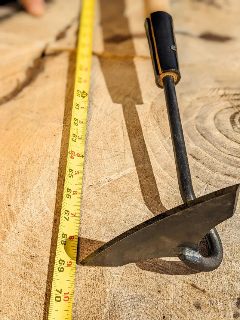 Batwing Hoe, Cotton Hoe, Long Handle Tool Hand Forged by Homestead Iron with head and measuring tape showing 69".