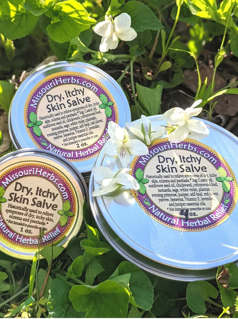 Dry Itchy Skin Salve – Herbal Relief for Eczema, Psoriasis & Irritated Skin in violet patch. 