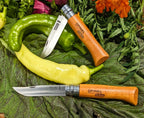 Two Opinel #8 folding carbon knives on green peppers and leaves with flowers in the background