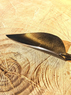 Small Trowel, Hand Forged Garden Tool Homestead Iron close up tool head on wooden background