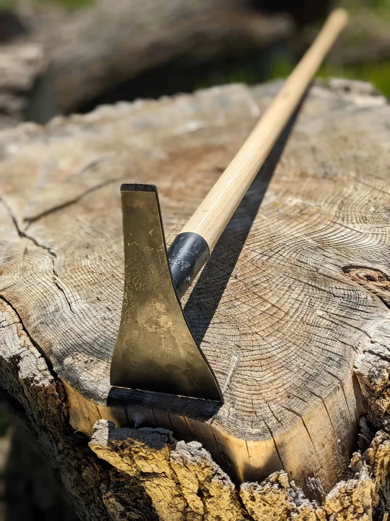Strawberry Precision Hoe, Hand Forged Double Headed Long Handle tool focus on head. 