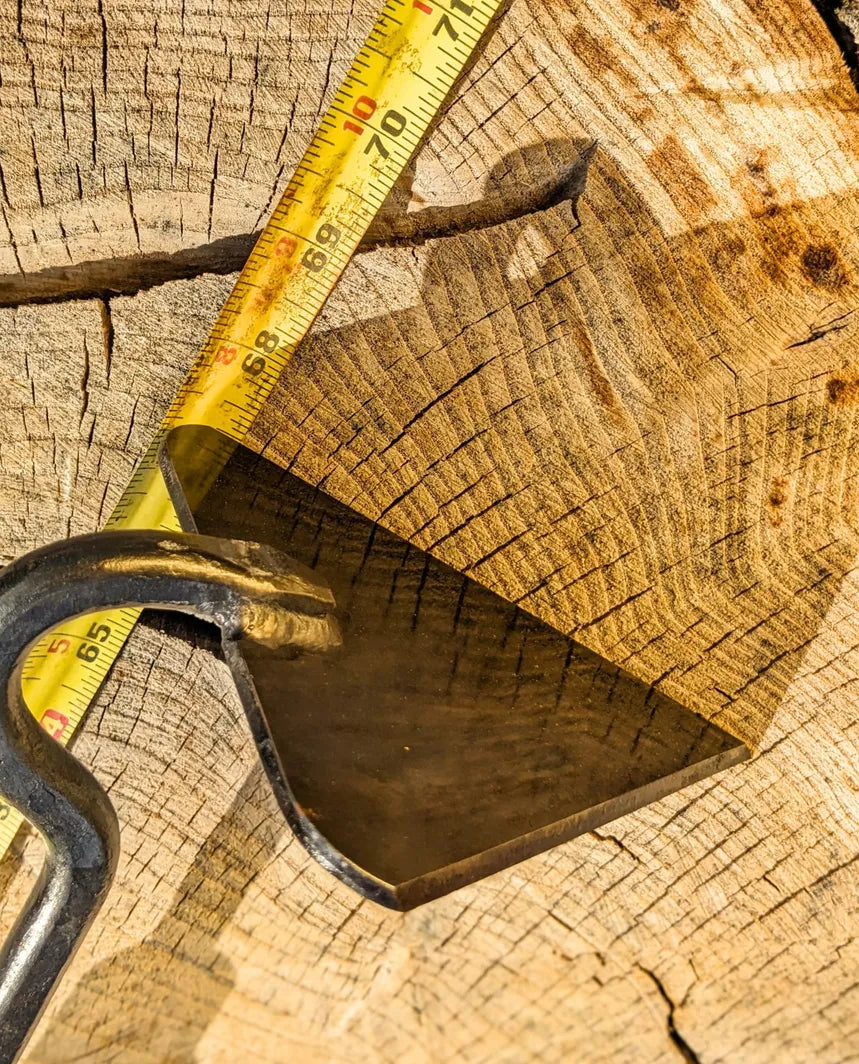 V-Hoe Aggressive Long Handled Hand Forged Hoe Homestead Iron tool head with measuring tape showing 68".
